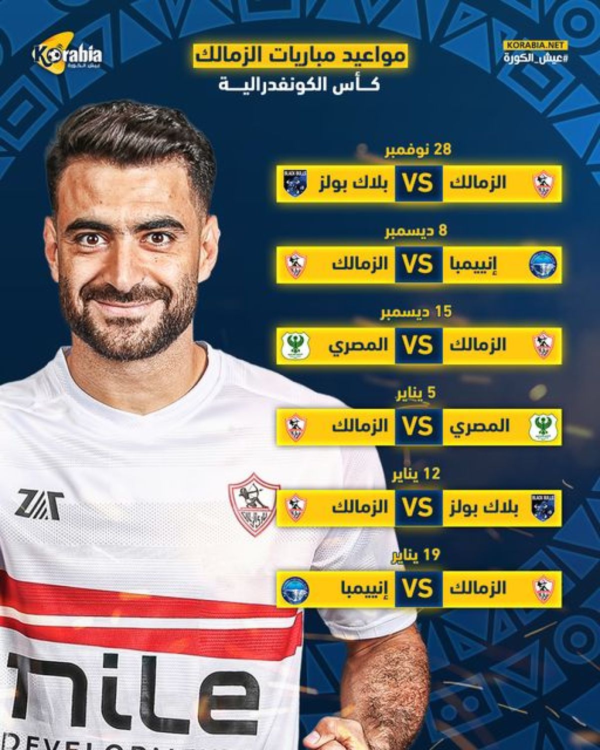 مواعيد مباريات الزمالك في دور المجموعات لبطولة الكونفدرالية