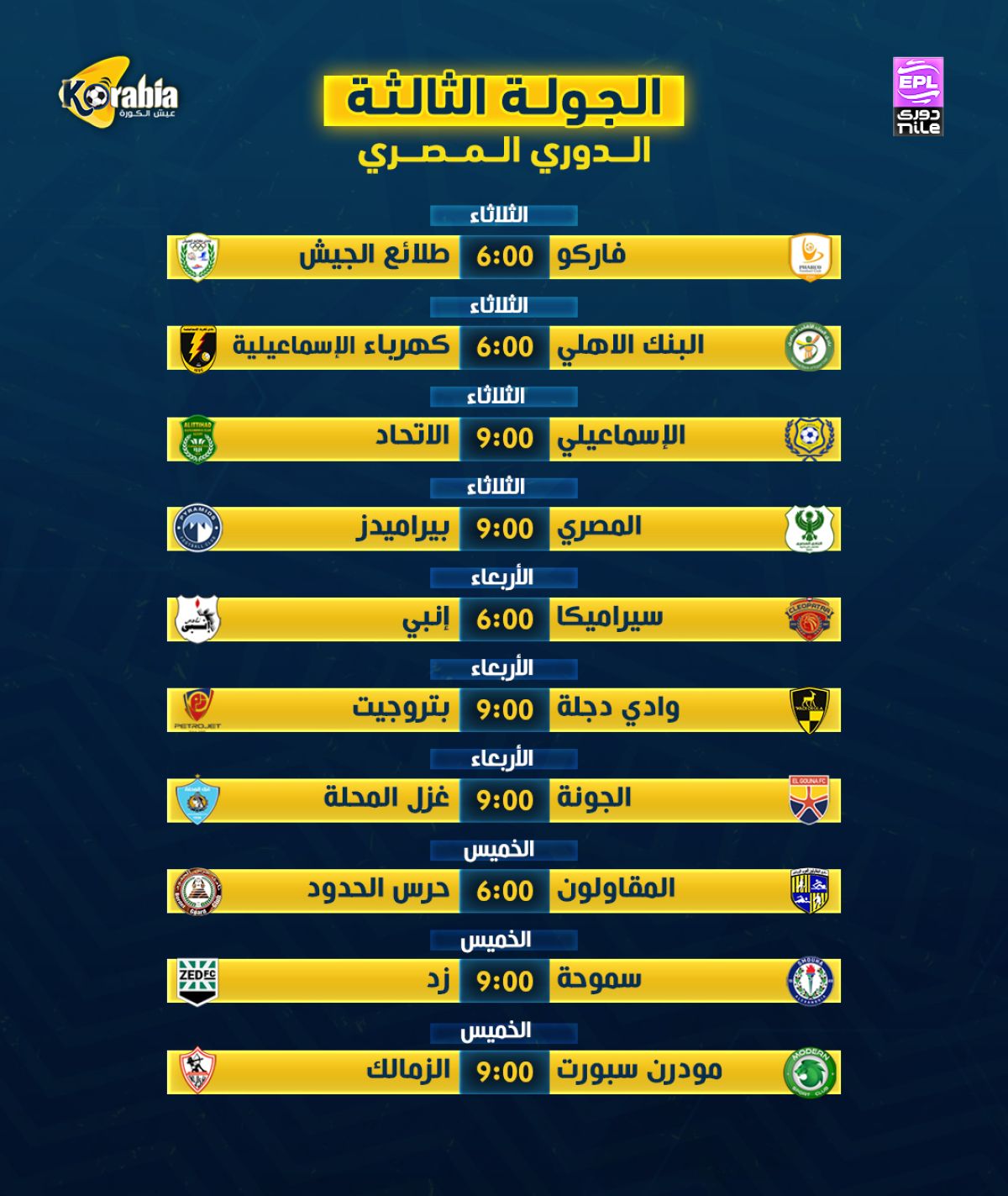 الأهلي باي .. مواعيد مباريات الجولة الثالثة من بطولة الدوري المصري