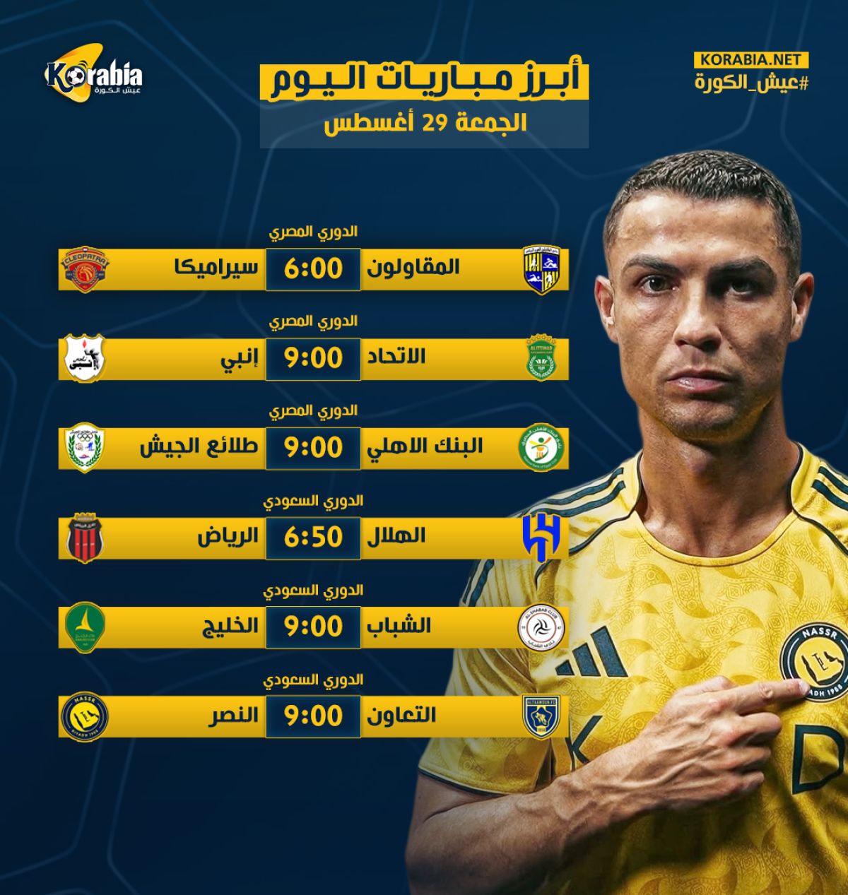 مواعيد أهم مباريات اليوم الجمعة 29-8-2025