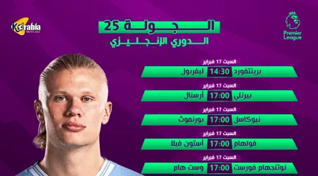 ترتيب ومواعيد مباريات الجولة 25 من الدوري الإنجليزي