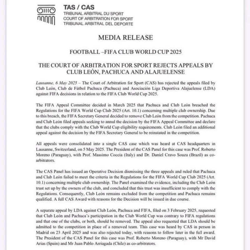 بيان المحكمة الرياضية بيان المحكمة الرياضية