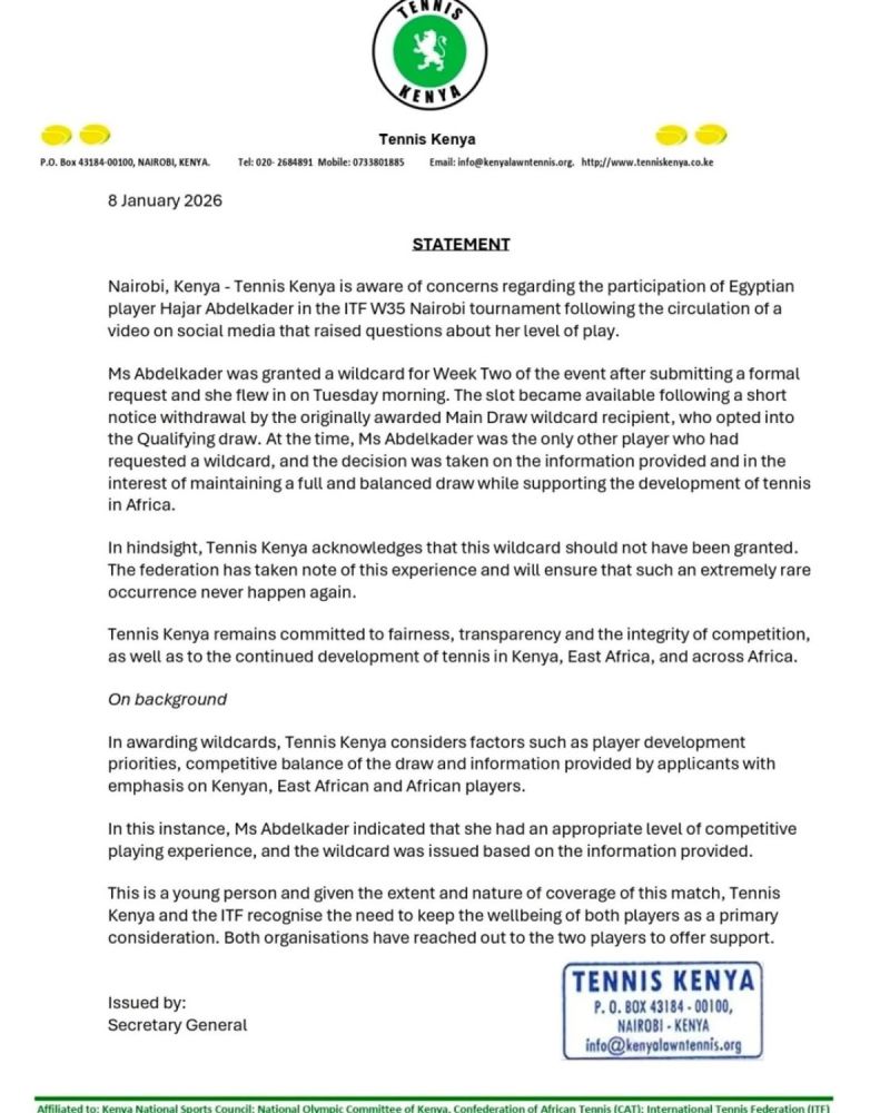 بيان الاتحاد الكيني للتنس